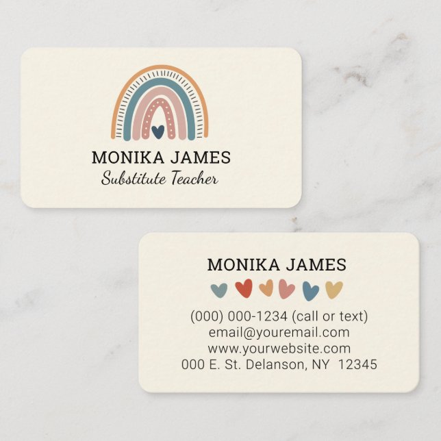 Cute Substitute Teacher Cream Boho Rainbow Business Card (Front/Back)