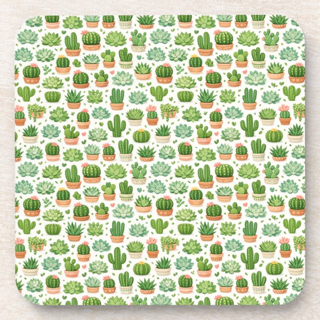 Cute Succulent Plant Seamless Pattern Coaster (Front)