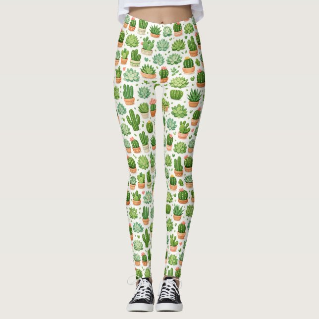 Cute Succulent Plant Seamless Pattern Leggings (Front)