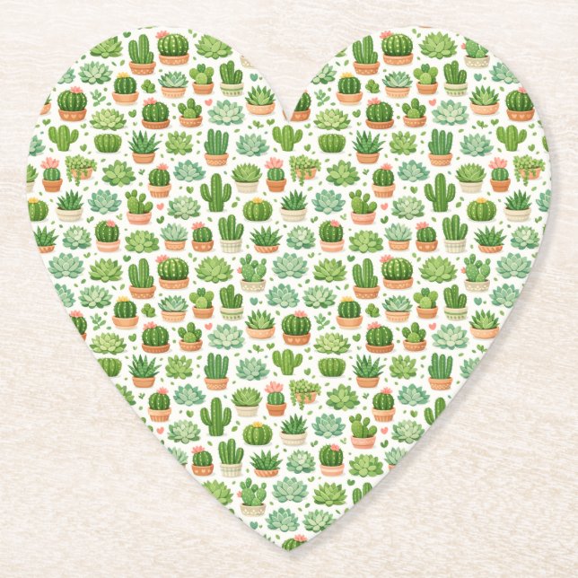 Cute Succulent Plant Seamless Pattern Paper Coaster (Front)