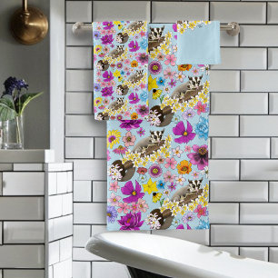 Cute Sugar Glider Tropical Plumeria Flowers Blue Bath Towel Set