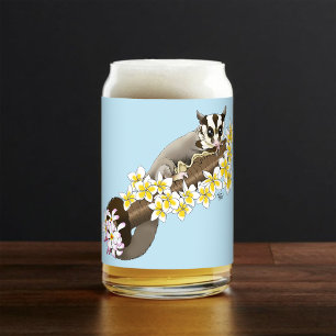 Cute Sugar Glider Tropical Plumeria Flowers Blue Can Glass