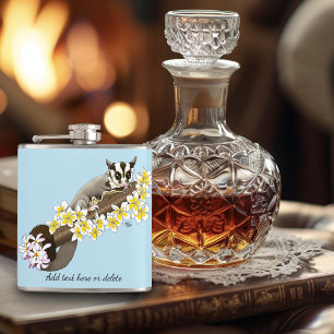 Cute Sugar Glider Tropical Plumeria Flowers Blue Hip Flask