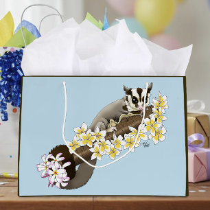 Cute Sugar Glider Tropical Plumeria Flowers Blue Large Gift Bag