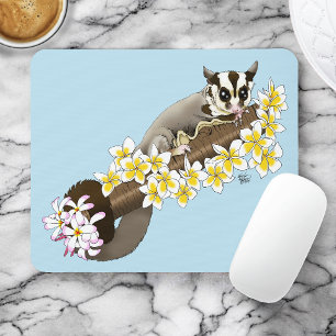 Cute Sugar Glider Tropical Plumeria Flowers Blue Mouse Mat