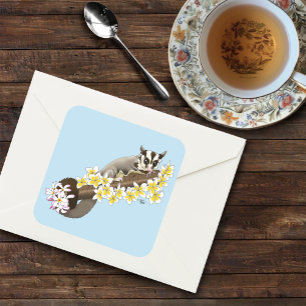Cute Sugar Glider Tropical Plumeria Flowers Blue Square Sticker