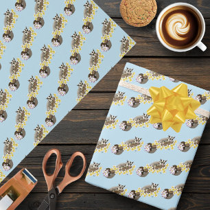 Cute Sugar Glider Tropical Plumeria Flowers Blue Wrapping Paper
