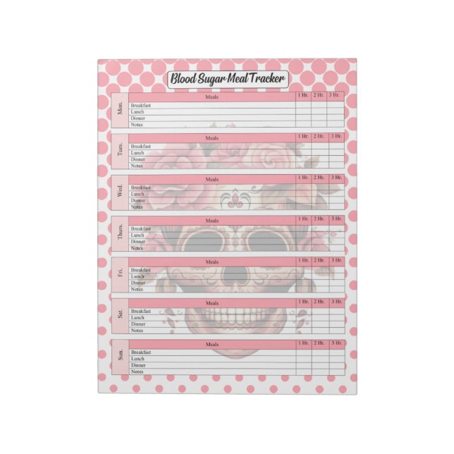 Cute Sugar Skull Blood Sugar and Meal Log Notepad (Rotated)
