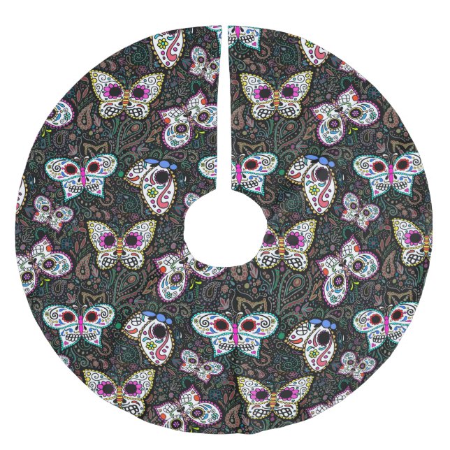 cute sugar skull butterflies Christmas tree skirt (Front)