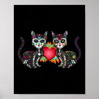Cute Sugar Skull Cat Duo Heart Mexican Dia De Los