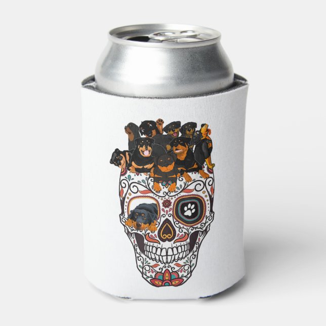 cute sugar skull dog rottweiler skull halloween can cooler (Can Front)