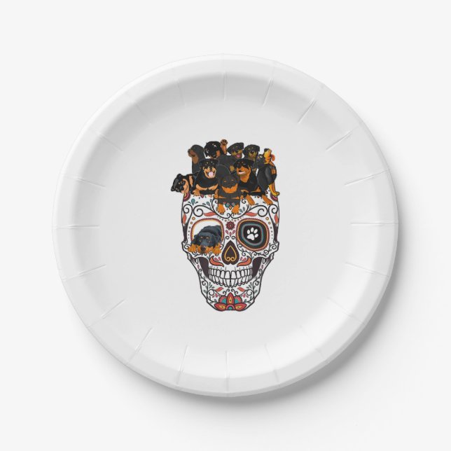 cute sugar skull dog rottweiler skull halloween paper plate (Front)
