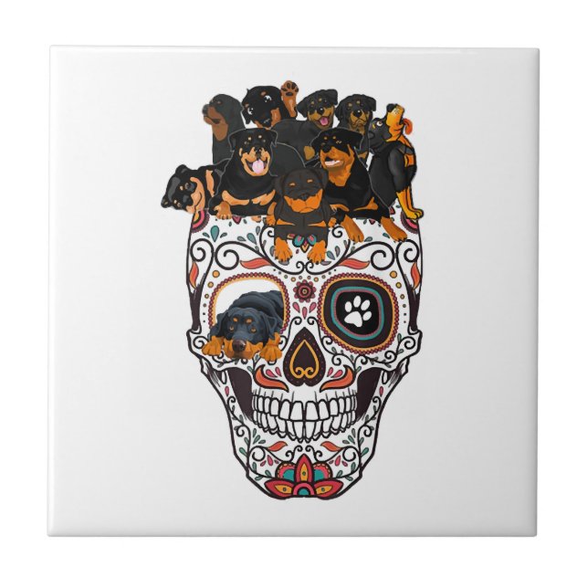 cute sugar skull dog rottweiler skull halloween tile (Front)
