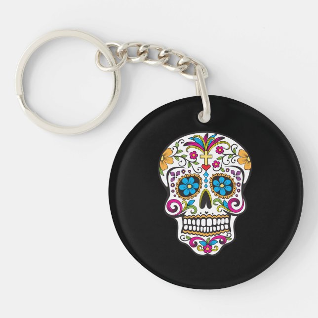 Cute Sugar Skull Happy Day of the Dead Key Ring (Front)