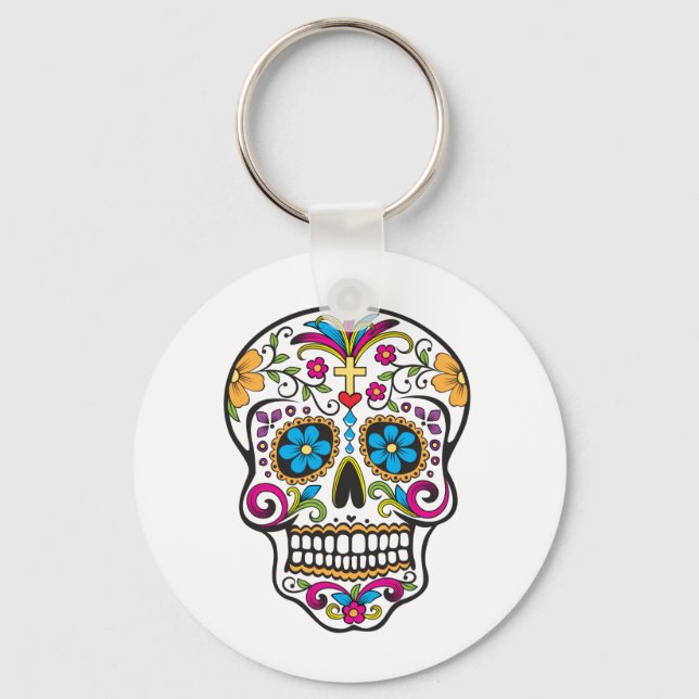 Cute Sugar Skull Happy Day of the Dead Key Ring (Front)