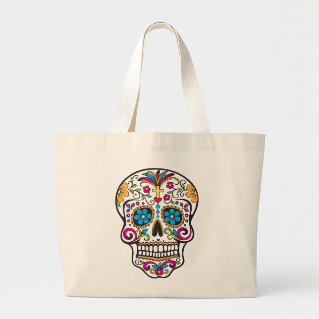 Cute Sugar Skull Happy Day of the Dead Large Tote Bag (Front)