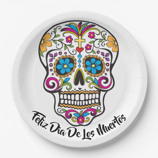 Cute Sugar Skull Happy Day of the Dead Paper Plate (Front)