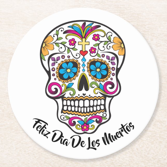 Cute Sugar Skull Happy Day of the Dead Round Paper Coaster (Front)