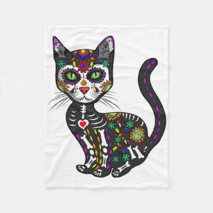 Cute Sugar Skull Mexican Cat Halloween Day Of The Fleece Blanket