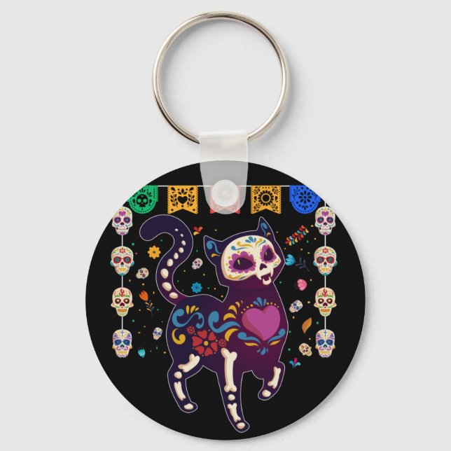 Cute Sugar Skull Mexican Cat Halloween Day Of The Key Ring (Front)