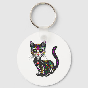 Cute Sugar Skull Mexican Cat Halloween Day Of The Key Ring