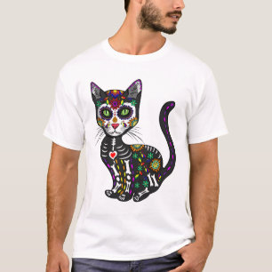 Cute Sugar Skull Mexican Cat Halloween Day Of The  T-Shirt