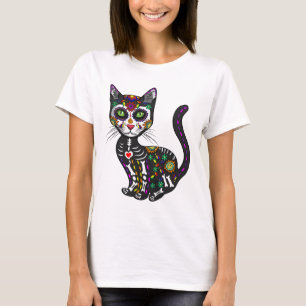 Cute Sugar Skull Mexican Cat Halloween Day Of The  T-Shirt