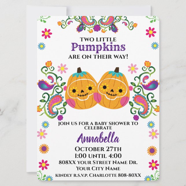 Cute Sugar Skull Pumpkin Halloween Baby Twins  Invitation (Front)