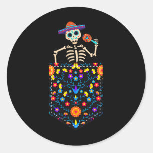 Cute Sugar Skull Skeleton In Pocket Mexican Cinco Classic Round Sticker