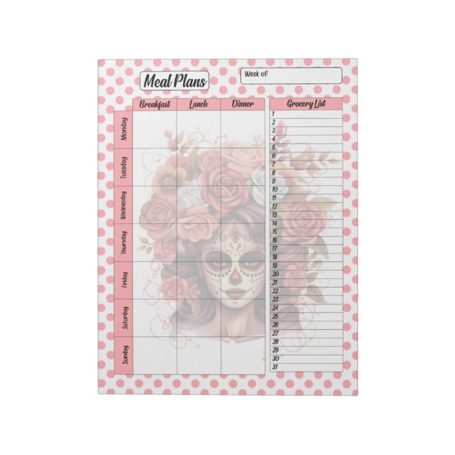 Cute Sugar Skull Weekly Meal Plan Notepad (Rotated)