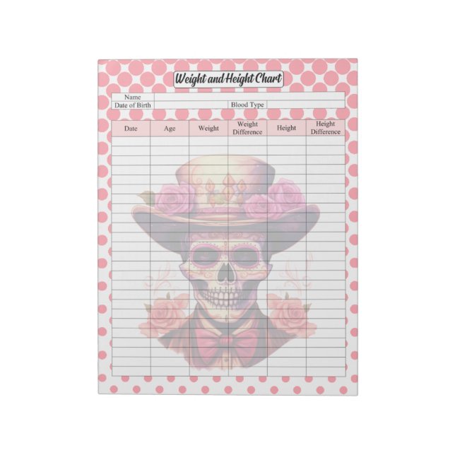 Cute Sugar Skull Weight and Height Tracker Notepad (Rotated)