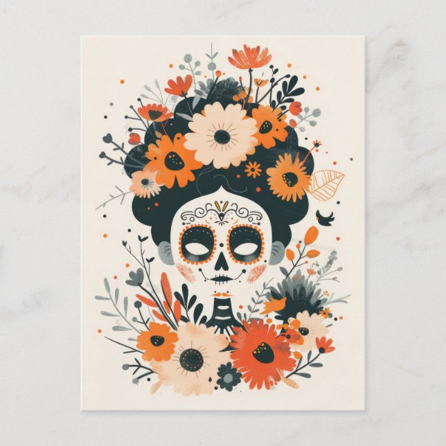 Cute Sugar Skull with Flowers Day of The Dead Postcard (Front)
