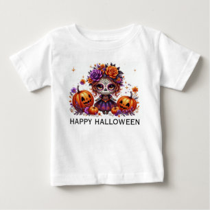 Cute Sugar Skull with Jack-O-Lanterns and Flowers Baby T-Shirt