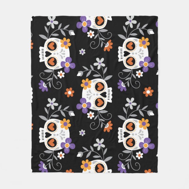 Cute Sugar Skulls Hand Drawn Fleece Blanket (Front)