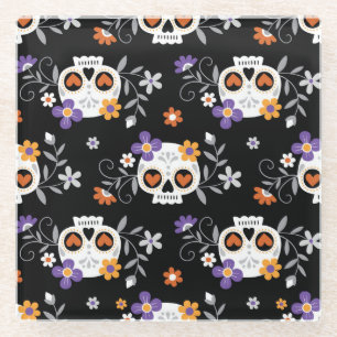 Cute Sugar Skulls Hand Drawn Glass Coaster