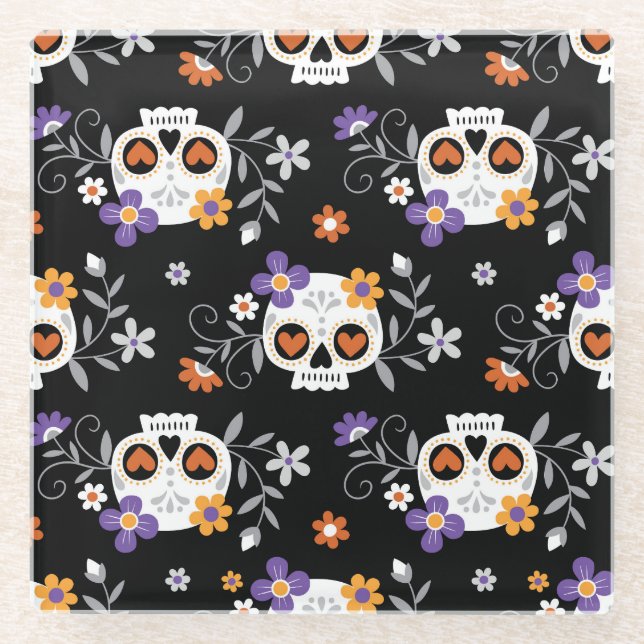 Cute Sugar Skulls Hand Drawn Glass Coaster (Front)