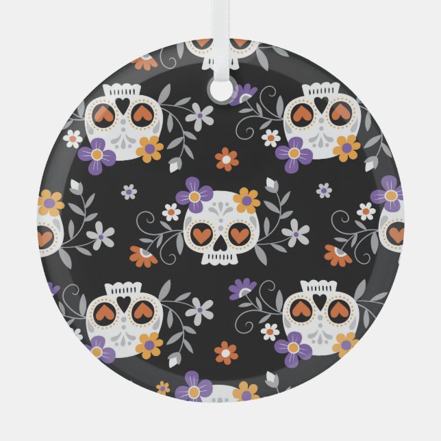Cute Sugar Skulls Hand Drawn Glass Tree Decoration (Front)