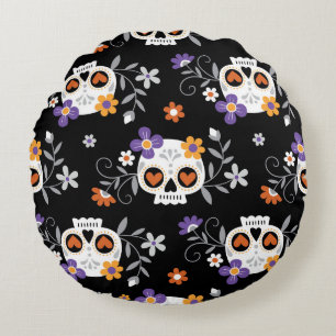 Cute Sugar Skulls Hand Drawn Round Cushion