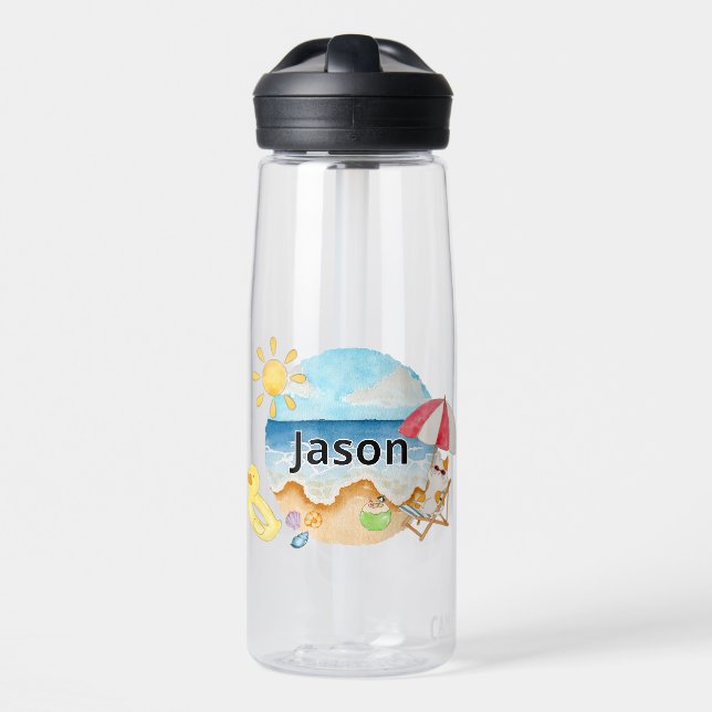 Cute Summer Beach Cat Personalised Clear Water Bottle (Front)