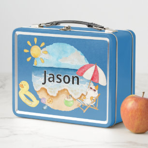Cute Summer Beach Cat Personalised Metal Lunch Box