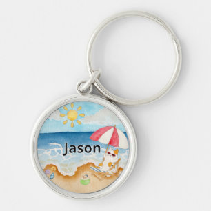 Cute Summer Beach Cat Personalised Name Keychain