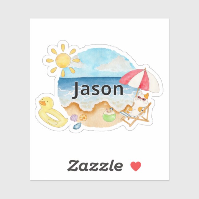 Cute Summer Beach Cat Personalised Name Sticker (Sheet)