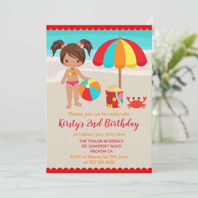 Cute Summer Beach Girl Birthday Party Invitation (Standing Front)