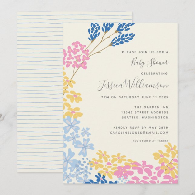Cute Summer Blue and Yellow Flowers Baby Shower  Invitation (Front/Back)