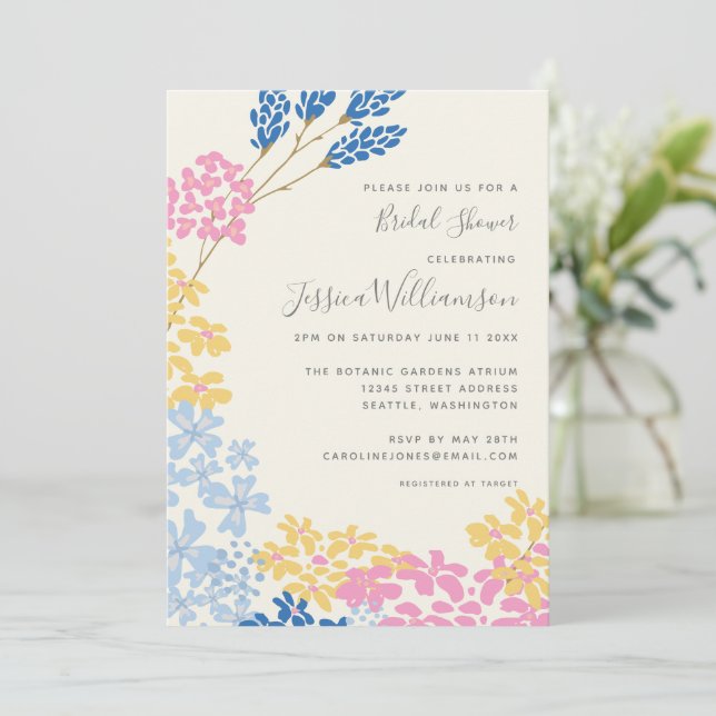 Cute Summer Blue and Yellow Flowers Bridal Shower Invitation (Standing Front)