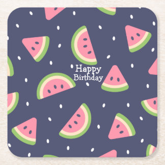 Cute Summer Blue Green Watercolor Watermelon Fruit Square Paper Coaster