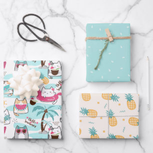 Cute Summer Cat Pineapple Wrapping Paper Sheet