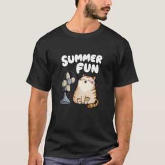 Cute Summer Cat with Fan Funny Chubby Kitty  T-Shirt