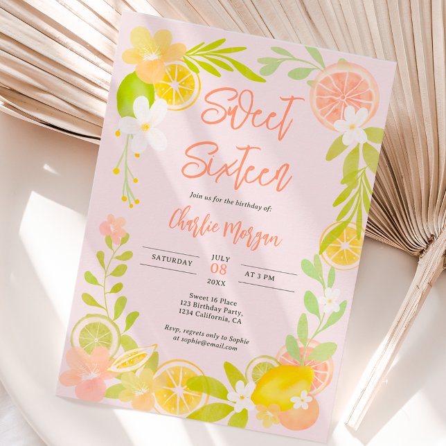 Cute summer citrus floral watercolor sweet 16 invitation (Creator Uploaded)