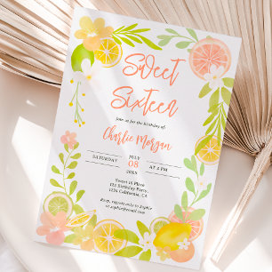 Cute summer citrus floral watercolor sweet 16 invitation